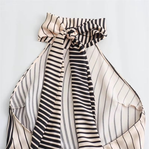 New Fashion Sexy Halter Satin Texture Contrast Striped Casual Dress CODE: KAR3714