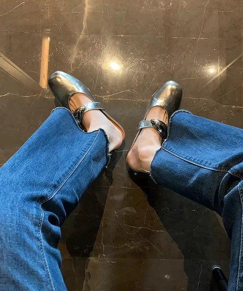 New Fashion Solid Square Toe Wedge Bright Bun Toe Buckle Casual Shoes Flats CODE: KAR3748