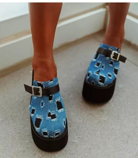 New Sexy Thick-heeled Denim Ripped Toe Head High Heel Shoes Slippers CODE: KAR3749