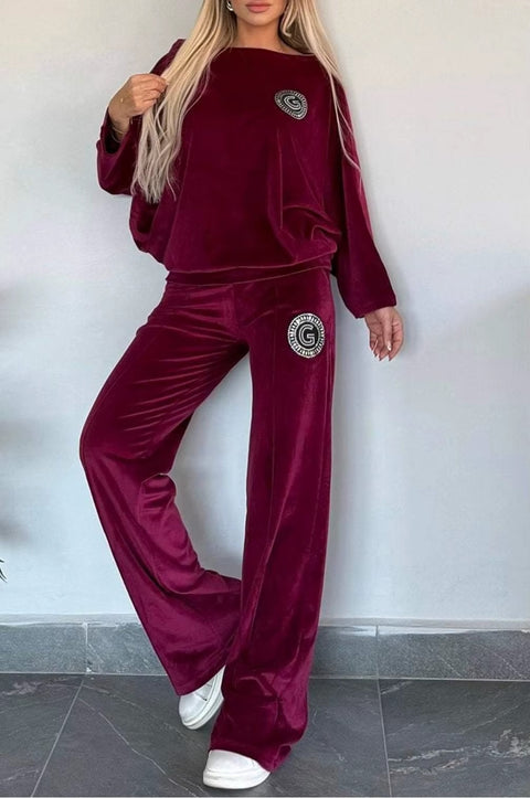 New Fashion Autumn Winter Velvet Solid O-Neck Bat Sleeve Set  CODE: KAR3764