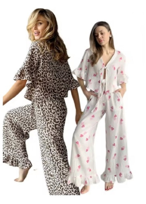 New Ruffle Long Sleeve Matching Lounge Shirts Pajama Set CODE: KAR3782