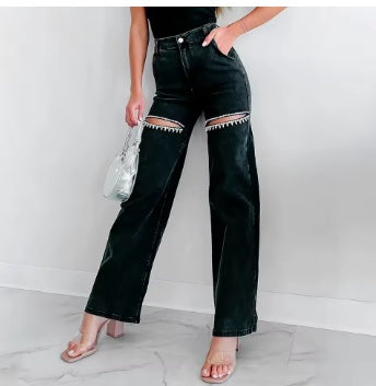 New High Waist Straight Leg Nail Drill Hole Long Pant CODE: KAR3827