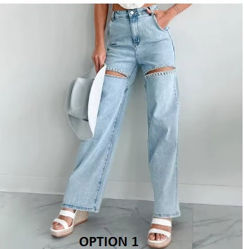 New High Waist Straight Leg Nail Drill Hole Long Pant CODE: KAR3827