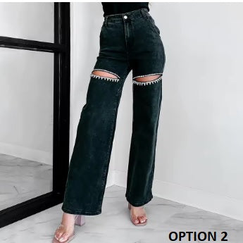 New High Waist Straight Leg Nail Drill Hole Long Pant CODE: KAR3827