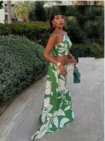 New Fashion Printed Off-Shoulder Backless Lace-Up Crop Top Elastic Waist Long Skirt Set CODE: KAR3933