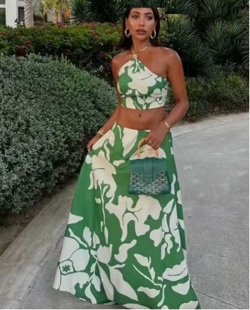 New Fashion Printed Off-Shoulder Backless Lace-Up Crop Top Elastic Waist Long Skirt Set CODE: KAR3933