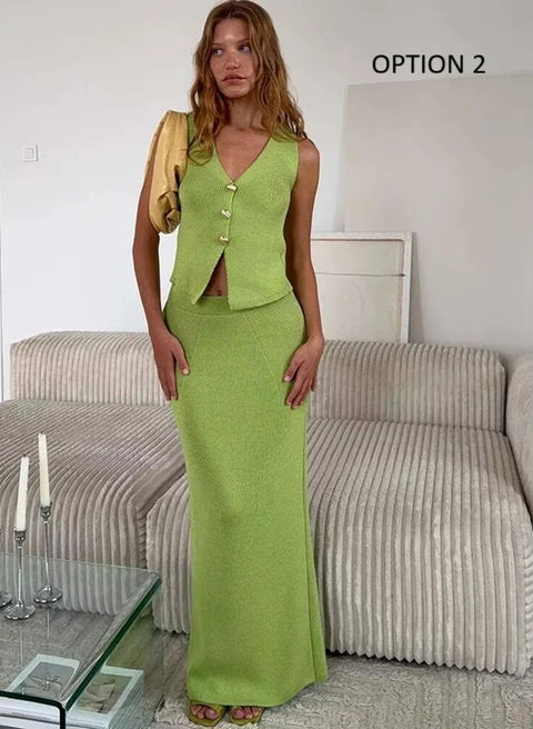 New V-neck Sleeveless Top and Vest Long Skirt 2 Piece set CODE: KAR4027