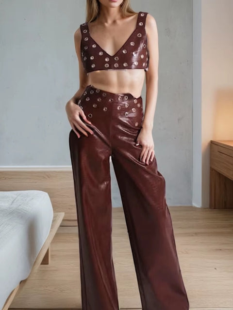 New V Neck Sleeveless High Waist Pant Set CODE: KAR4029