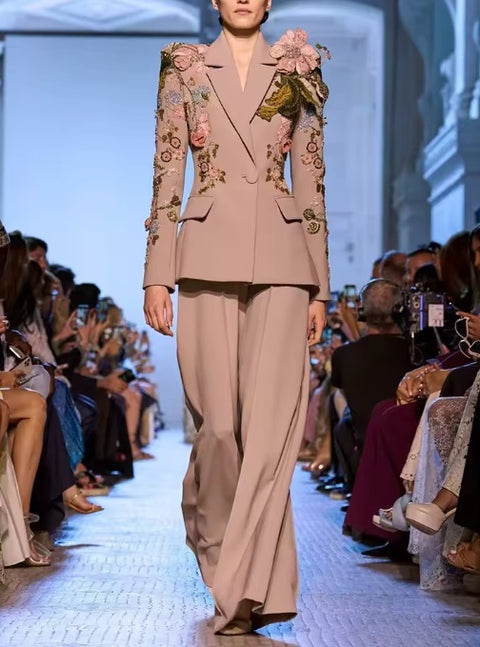 New Flowers Beaded Blazer Wide Leg Pant Set CODE: KAR4040