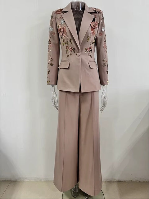 New Flowers Beaded Blazer Wide Leg Pant Set CODE: KAR4040