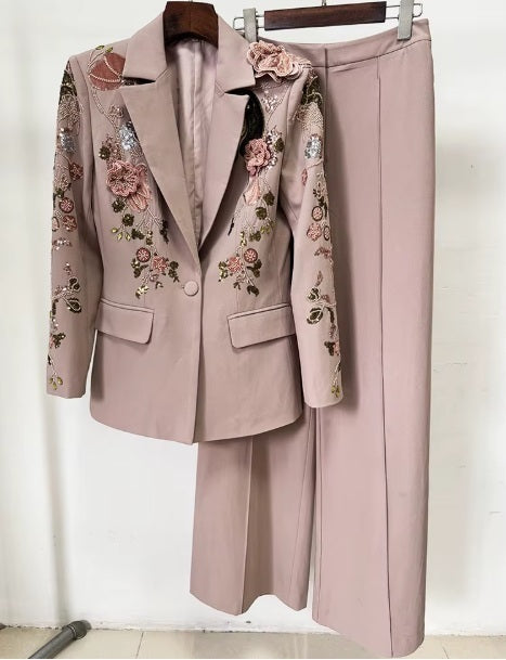New Flowers Beaded Blazer Wide Leg Pant Set CODE: KAR4040