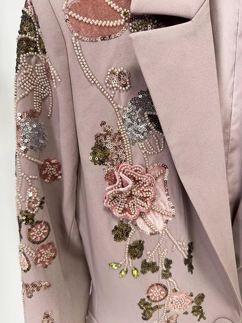 New Flowers Beaded Blazer Wide Leg Pant Set CODE: KAR4040