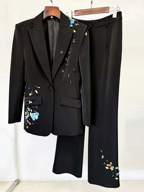 New Fashion Sequins Patchwork Lapel Blazer And Long Pant CODE: KAR4042