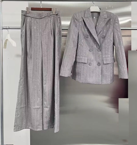 New Lapel Long Sleeve Spliced Pockets Coat High Waist Pant Chic Set CODE: KAR4044