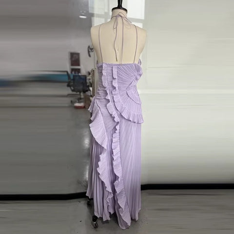 New Neck Strap Ruffles Backless Evening Party Dress CODE: KAR4053