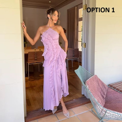 New Neck Strap Ruffles Backless Evening Party Dress CODE: KAR4053