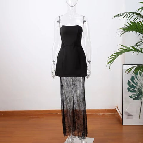 New Vest Lace Long Skirt And Strapless Long Tube Top 2 Piece Set CODE: KAR4054