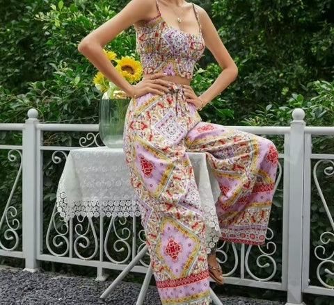 New Bohemian Vest And Wide Leg Pant And Crop Tank Top Two Piece Set CODE: KAR4055