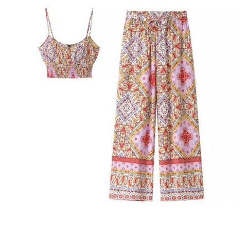 New Bohemian Vest And Wide Leg Pant And Crop Tank Top Two Piece Set CODE: KAR4055