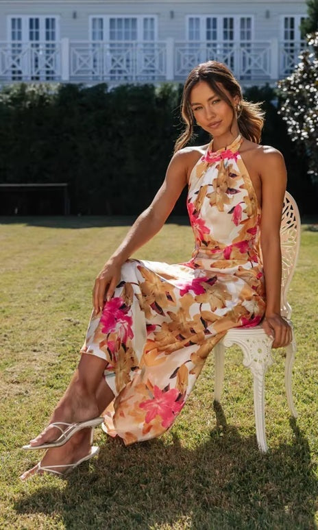 New Sexy Neck Strap Open Back Printed Long Dress CODE: KAR4057