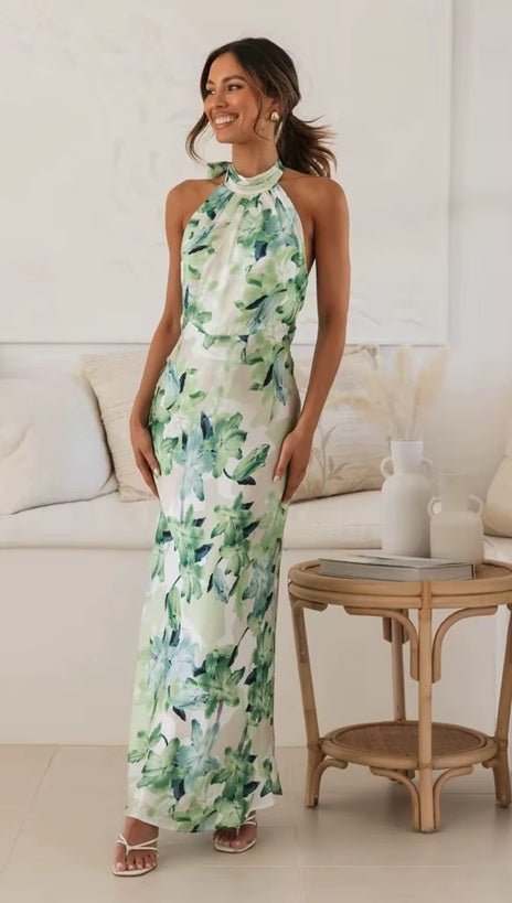 New Sexy Neck Strap Open Back Printed Long Dress CODE: KAR4057