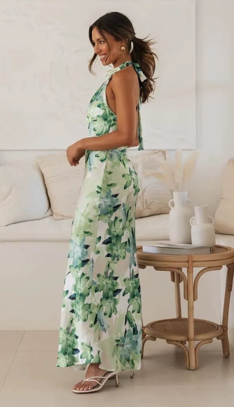 New Sexy Neck Strap Open Back Printed Long Dress CODE: KAR4057