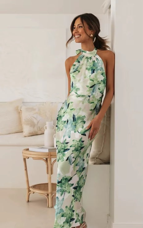 New Sexy Neck Strap Open Back Printed Long Dress CODE: KAR4057