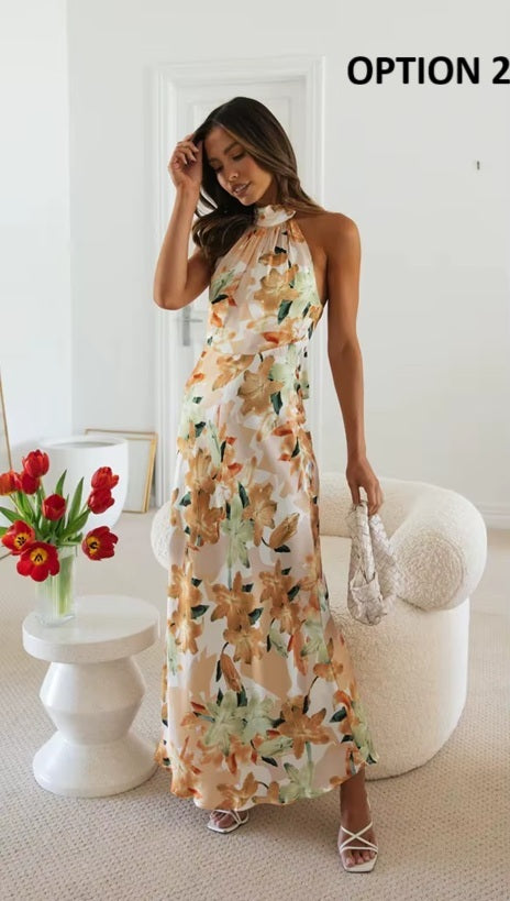 New Sexy Neck Strap Open Back Printed Long Dress CODE: KAR4057