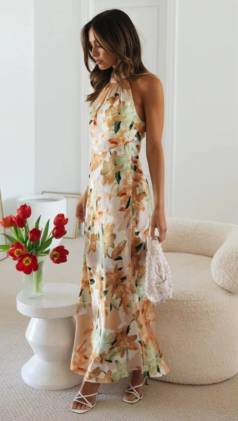 New Sexy Neck Strap Open Back Printed Long Dress CODE: KAR4057