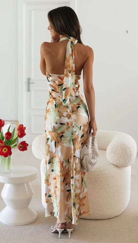 New Sexy Neck Strap Open Back Printed Long Dress CODE: KAR4057