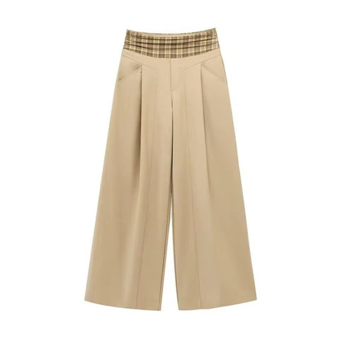 New Wide Leg Casual Retro Plaid Splicing High Waist Long Trousers Pant CODE: KAR4060