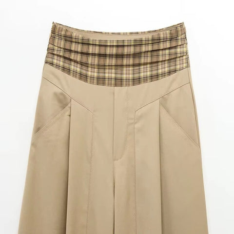 New Wide Leg Casual Retro Plaid Splicing High Waist Long Trousers Pant CODE: KAR4060