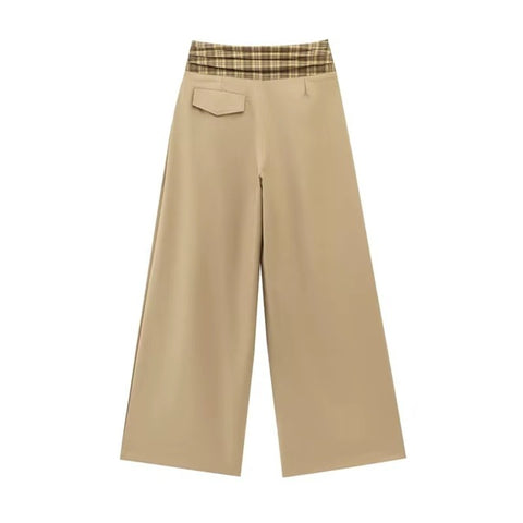 New Wide Leg Casual Retro Plaid Splicing High Waist Long Trousers Pant CODE: KAR4060