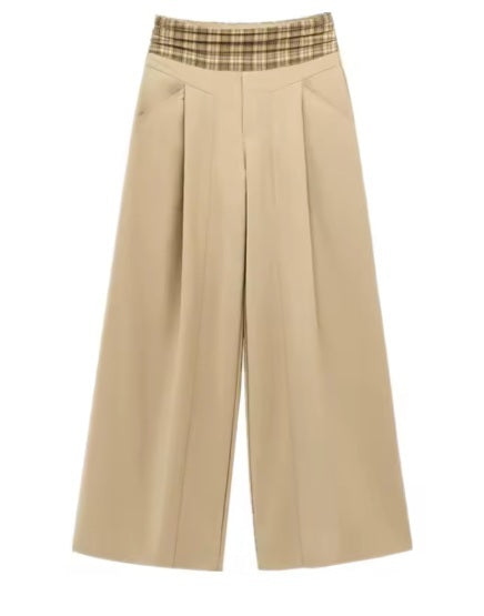 New Wide Leg Casual Retro Plaid Splicing High Waist Long Trousers Pant CODE: KAR4060