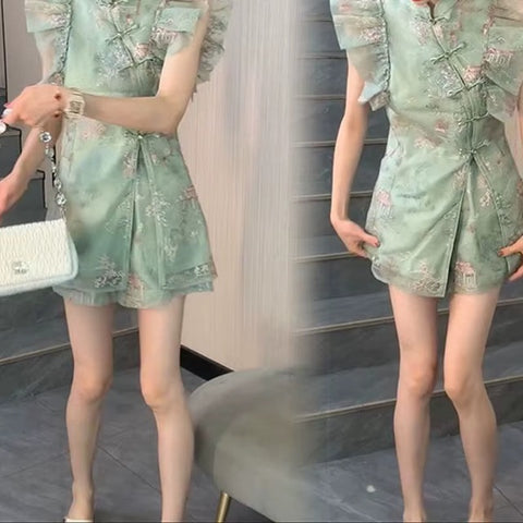 New Lotus leaf sleeve buckle top fashion shorts two-piece suit CODE: KAR4061