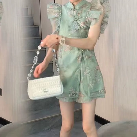 New Lotus leaf sleeve buckle top fashion shorts two-piece suit CODE: KAR4061