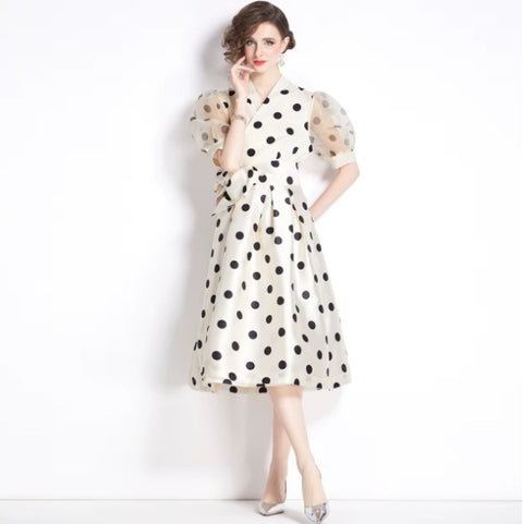 New Elegant Chic Puff Sleeve Dot Midi Dress CODE: KAR4063