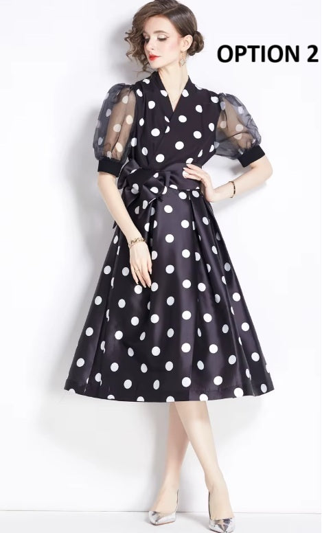 New Elegant Chic Puff Sleeve Dot Midi Dress CODE: KAR4063
