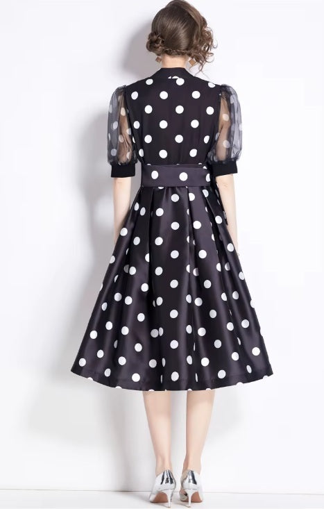 New Elegant Chic Puff Sleeve Dot Midi Dress CODE: KAR4063