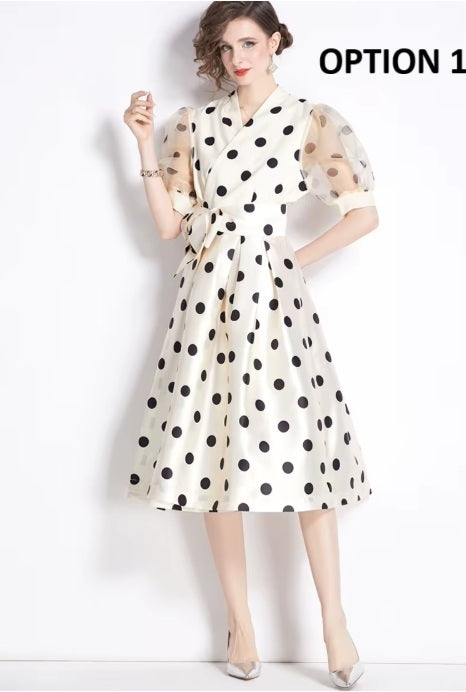 New Elegant Chic Puff Sleeve Dot Midi Dress CODE: KAR4063