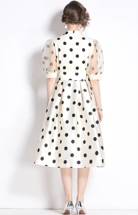 New Elegant Chic Puff Sleeve Dot Midi Dress CODE: KAR4063