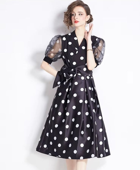 New Elegant Chic Puff Sleeve Dot Midi Dress CODE: KAR4063