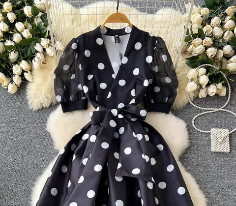 New Elegant Chic Puff Sleeve Dot Midi Dress CODE: KAR4063