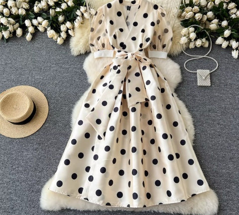 New Elegant Chic Puff Sleeve Dot Midi Dress CODE: KAR4063