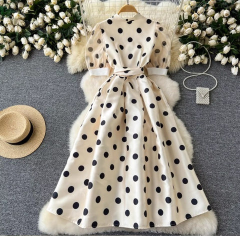 New Elegant Chic Puff Sleeve Dot Midi Dress CODE: KAR4063