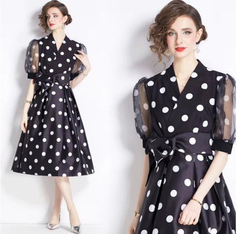 New Elegant Chic Puff Sleeve Dot Midi Dress CODE: KAR4063