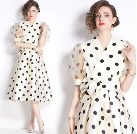 New Elegant Chic Puff Sleeve Dot Midi Dress CODE: KAR4063