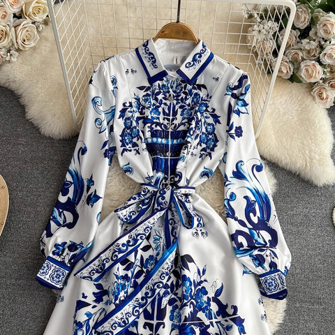 New Porcelain Single-Breasted Belt Elegant Long Dress CODE: KAR4067