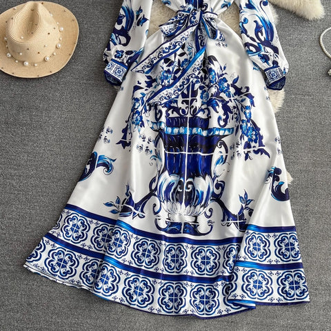 New Porcelain Single-Breasted Belt Elegant Long Dress CODE: KAR4067