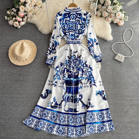 New Porcelain Single-Breasted Belt Elegant Long Dress CODE: KAR4067